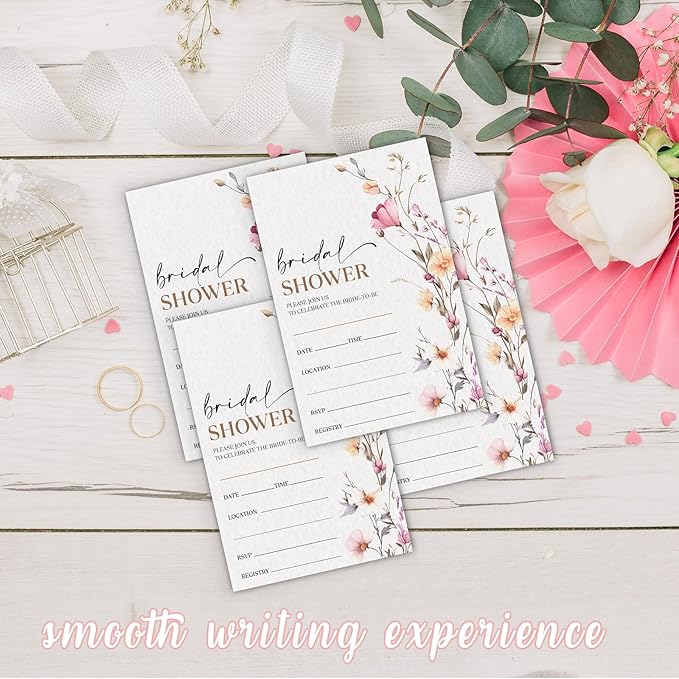 Boho Bridal Shower Invitations, Spring Floral Invites with Envelopes, 4x6 Set of 25 Invite Card for Wedding Shower, Newlyweds, Party Favor & Decorations-A03