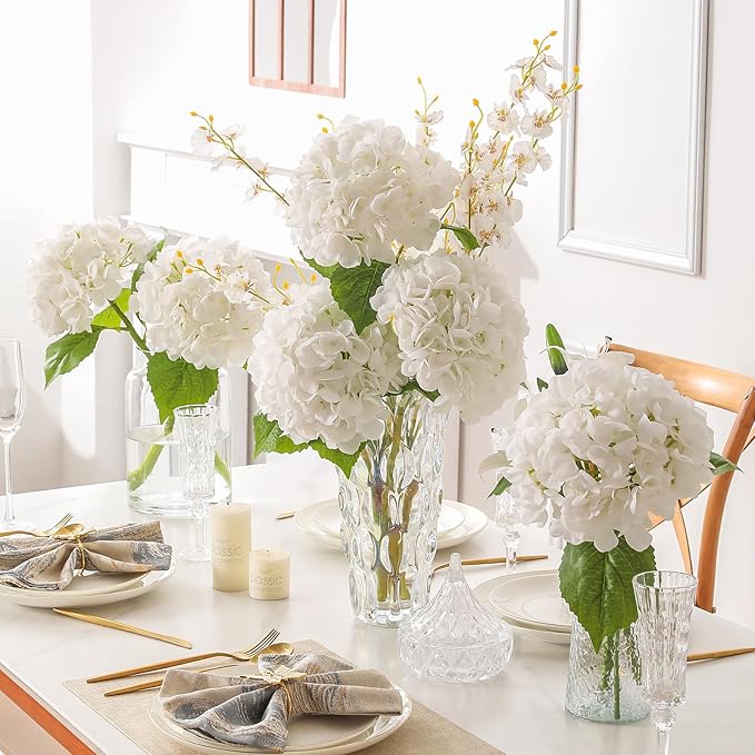 3Pcs Hydrangea Artificial Flowers, 22.44" Real Touch Latex Faux Hydrangea with Long Stems & Leaves for Home Office Decor or Wedding, Party, Centerpieces, Floral Arrangements (White)