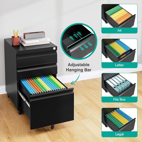 Regine Switzerland 3 Drawer File Cabinet - Lockable Rolling Metal Filing Cabinet for Home Office | Black, A4/Letter/Legal Size