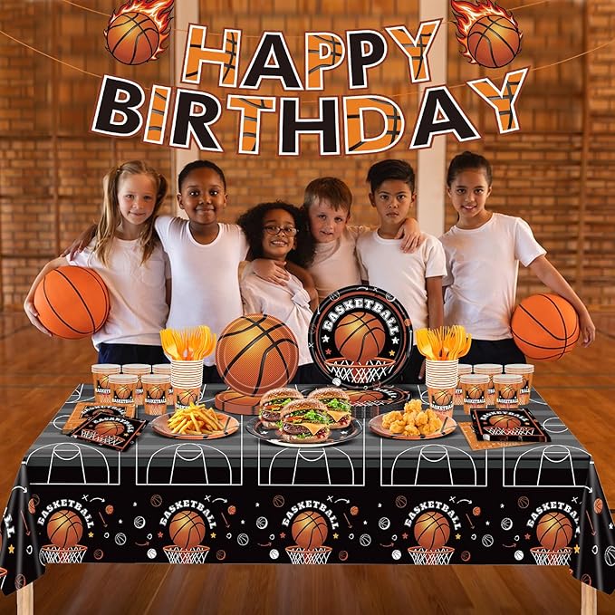 123 PCS Basketball Party Decorations, Disposable Tableware with Plates Cups Napkins Banner Tablecloth for Thanksgiving Christmas Basketball Birthday Party Decor Supplies, Serves 24 Guest