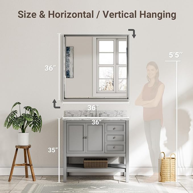 Brushed Nickel Bathroom Mirror, Bathroom Mirrors for Over Sink, 36x36 Inch Square Mirror, Dual Bevel Edges Design, Silver Mirror for Bathroom, Shatterproof 36 Inch Wall Mirror