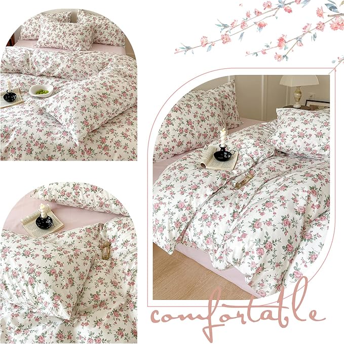 HIGHBUY Boho Floral Duvet Cover, Soft Cotton Aesthetic Pink Comforter Cover, Lightweight Soft Garden Style Bedding Set Zipper Closure Breathable (104 Inch x 90 Inch) HB03633-K
