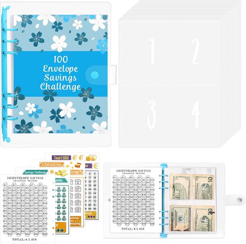 Draupnir Savings Challenge Binder - 100 Laminated Envelopes with $5050 Pockets & Tracker Sheet | Blue