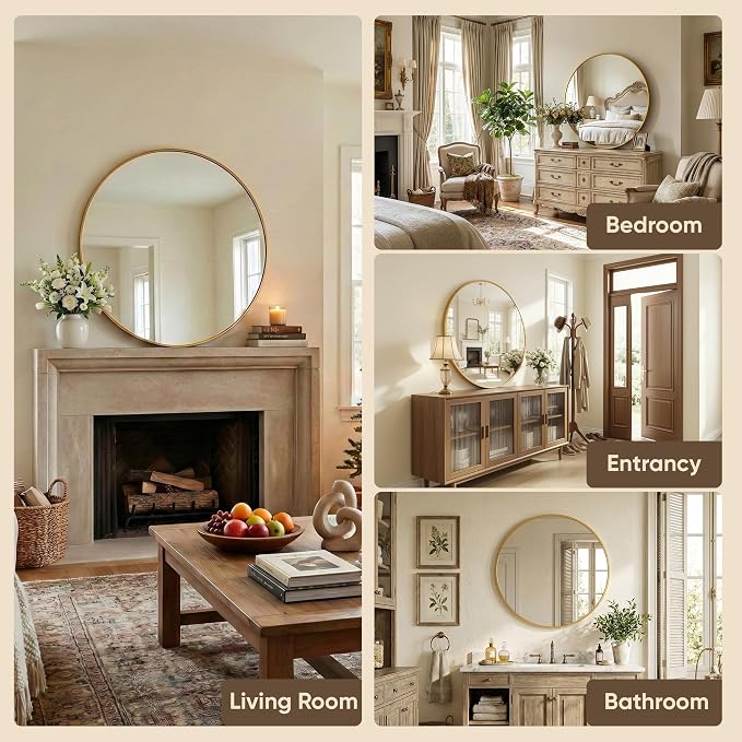 Antok 30 Inch Round Mirror for Wall, Round Bathroom Mirror, Circle Wall Mirrors with Gold Metal Frame, Circle Mirrors Suitable for Wall, Bathroom, Vanity, Living Room, Entryway