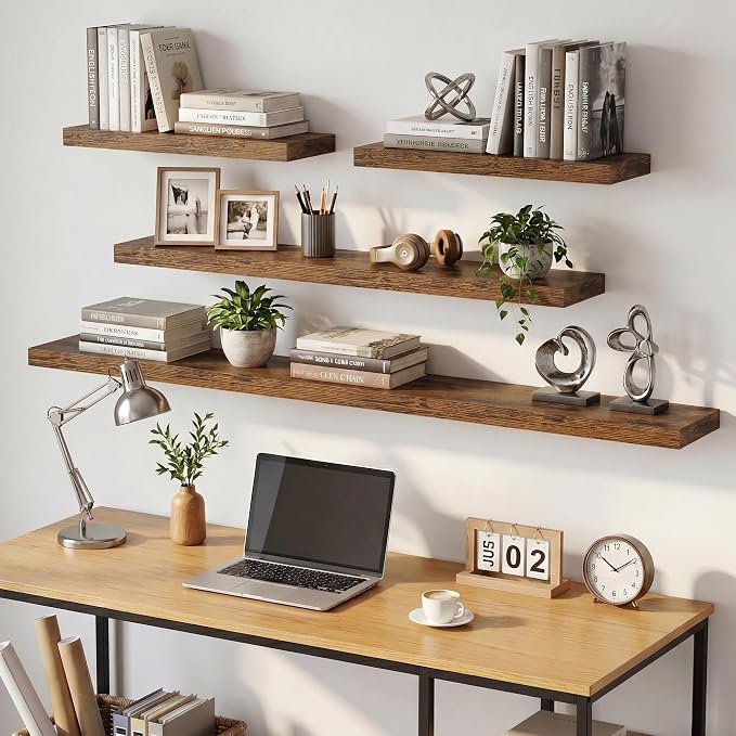 Dreamland 32inch Floating Shelves for Wall, Rustic Brown Floating Shelves for Bathroom|Bedroom|Kitchen, Deep Wall Mounted Book Shelf, Wood Storage Display Shelf for Home Decor, Set of 2