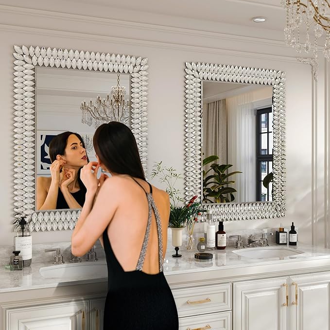 Kelly Miller 30"x40" Jeweled Bathroom Wall Mirror, Large Rectangle Decorative Mirror Luxury Vanity Mirror with Diamonds for Master Bath Half Bath Living Room Bedroom Fireplace Mantle Entryway