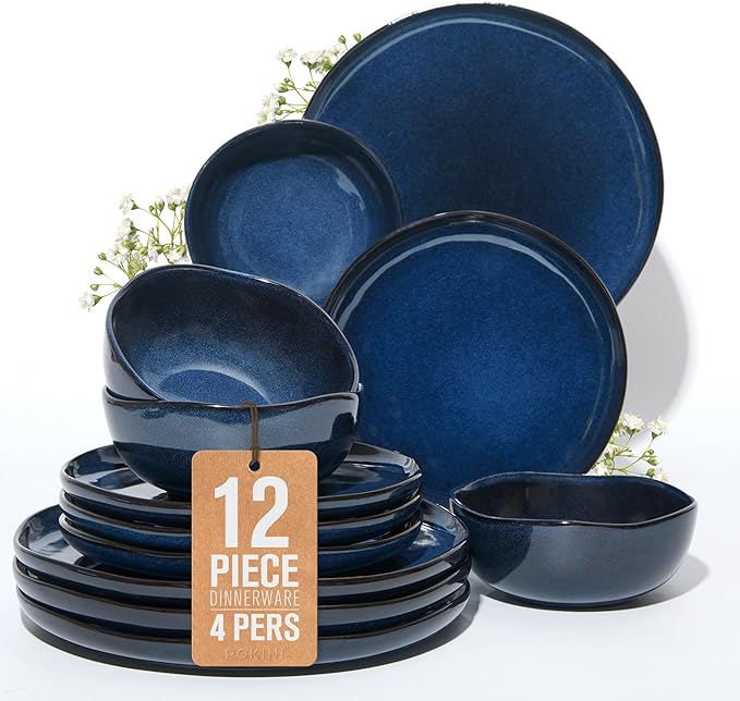 Pokini Ceramic Dinnerware Sets, Microwave Safe Plates and Bowls Sets, Kitchen Dishes Set for 4, Unbreakable & Dishwasher Safe Tableware, Everyday Use, Starry Blue