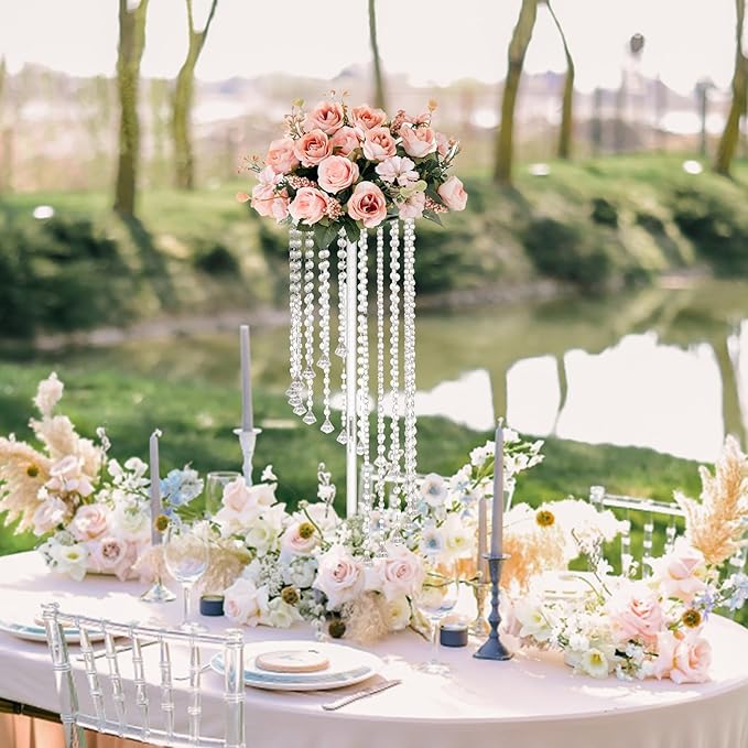 Clear Acrylic Tall Flower Vases -2 Pcs 31.5" Cylinder Pedestal Stands for The Table Centerpieces for Parties, Chandelier Crystals Decorative Flower Stand, Wedding, Celebration, Home Decoration