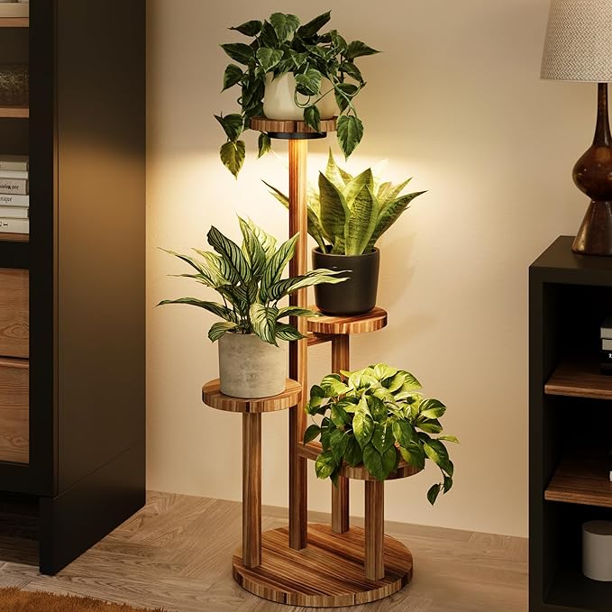 Bamworld Plant Stand Indoor with Grow Lights Plant Shelf 4 Tier Wood Plant Stand for Multiple Plants Tall Corner Plant Stands for Outdoor Round Flower Stand Plant Holder for Living Room Patio Garden Balcony