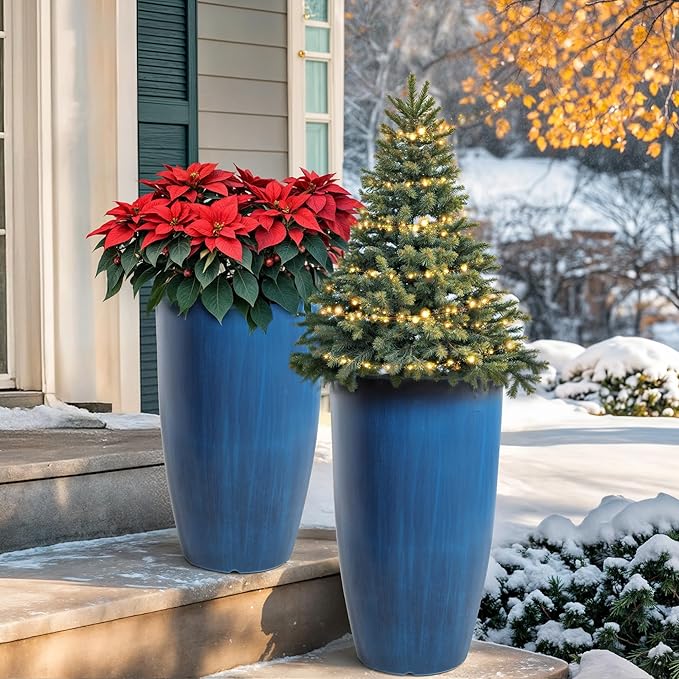 23.8" Tall Planters Large Set of 2 Plant Pots Plastic Flower Pots Outdoor Artistic Floating Cobalt Blue Glaze, UV-Protect & Lightweight PP Container for Garden, Patio, Deck, Porch, Indoor