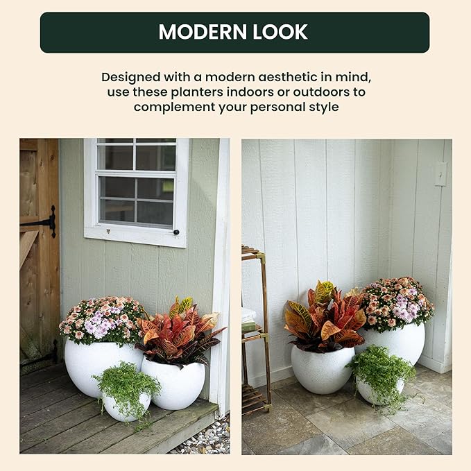 Beuta Large Planters for Outdoor Plants - Set of 3, 8/12/14 Inches Outdoor Planters for Porch - Tall Planter for Outdoor & Indoor Plants | Large Indoor Plant Pot - USA Made - Limewash
