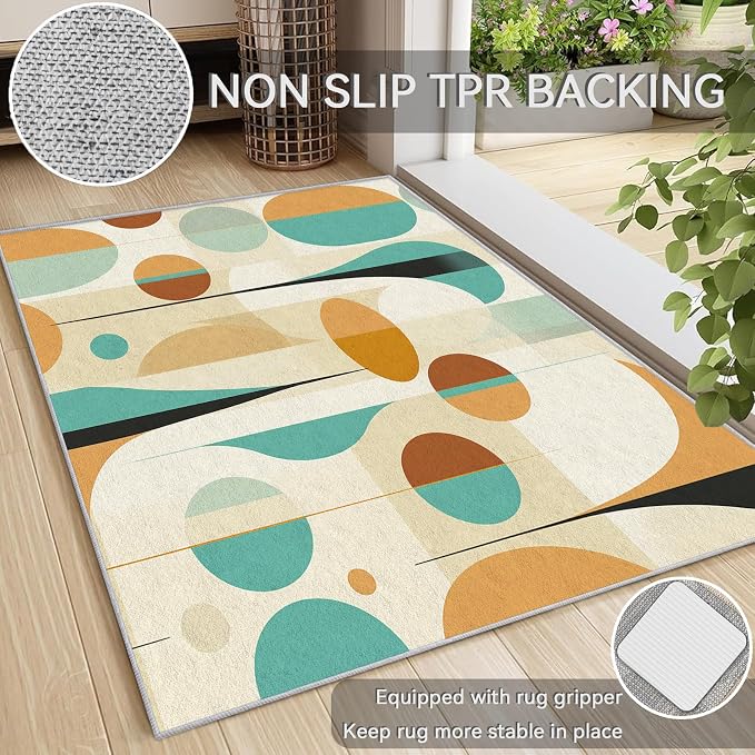 Retro Mid Century Rug 6x9, Washable Modern Geometric Rugs for Living Room Bedroom, Abstract Mid-Century Area Rug for Home Decor, Non Slip Backing Floor Carpet - 6 x 9 ft