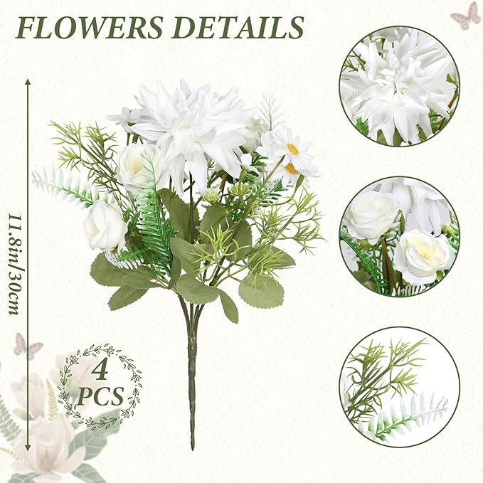 4PCS Artificial Flowers Dahlia Bouquet Fake Flowers White Silk Roses Daisies Faux Floral Arrangements for Dining Table Centerpieces for Kitchen Bridal Bouquet Wedding Party Home Decor