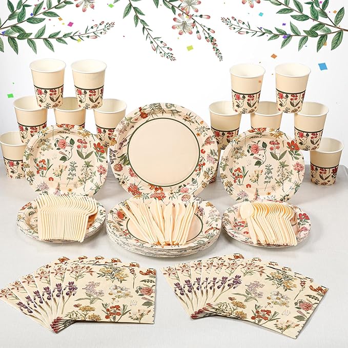 Roshtia 50 Set Floral Party Supplies Flower Paper Plates Napkins Tablewares Disposable Flower Dinnerware for Girls Women Floral Birthday Tea Party Decorations Favors