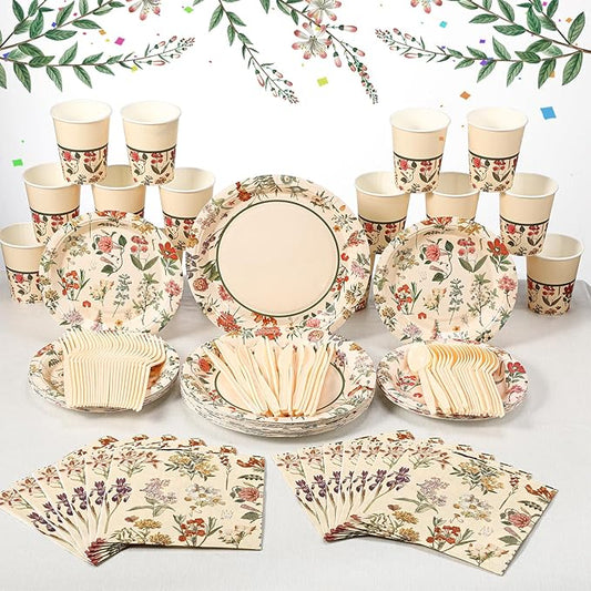 Roshtia 50 Set Floral Party Supplies Flower Paper Plates Napkins Tablewares Disposable Flower Dinnerware for Girls Women Floral Birthday Tea Party Decorations Favors