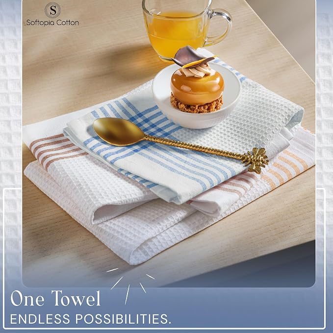 Waffle White & Multi Colors Kitchen Towels Set of 12, 100% Cotton, 16x26 inches, Durable Dish Towel, Quick Dry Dishcloths, Ideal for Drying, Wiping - Mustard Yellow, Sky Blue, Brown