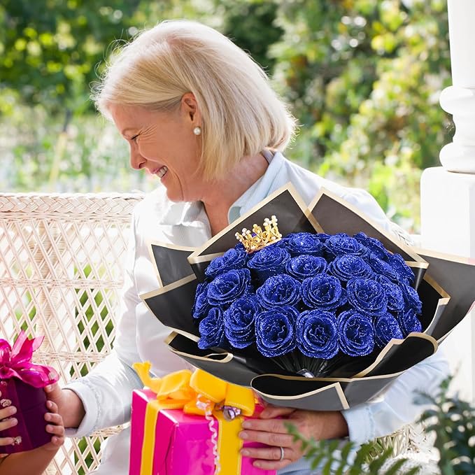 Waipfaru 36 Pcs Glitter Roses Bouquet, DIY Fake Flowers Bouquet, Artificial Blue Rose Bouquet for Valentines, Mothers Day Gifts, Anniversary, Engagement, Wedding