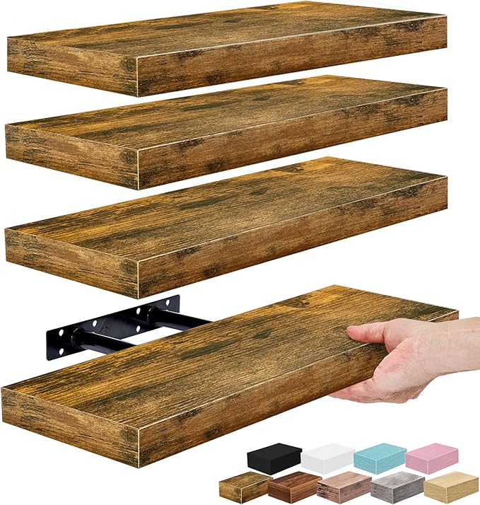 Sorbus Floating Shelves for Wall – 16 Inch Floating Shelf for Kitchen, Bedroom, Living Room, Bathroom, Home & Wall Decor - Mounted Bathroom Shelves with Invisible Brackets (Rustic Brown, 4 Pack)