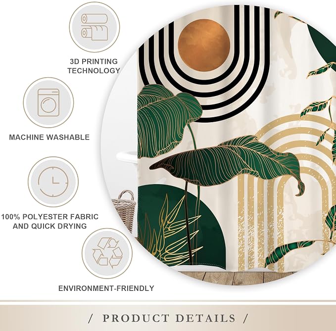 Glawry Extra Long Shower Curtain 72Wx84L Inches Boho Abstract Mid Century Green Tropical Palm Tree Bathroom Minimalist Modern Aesthetic Geometric Bath Accessories Art Home Decor Fabric 12 Pack Hooks