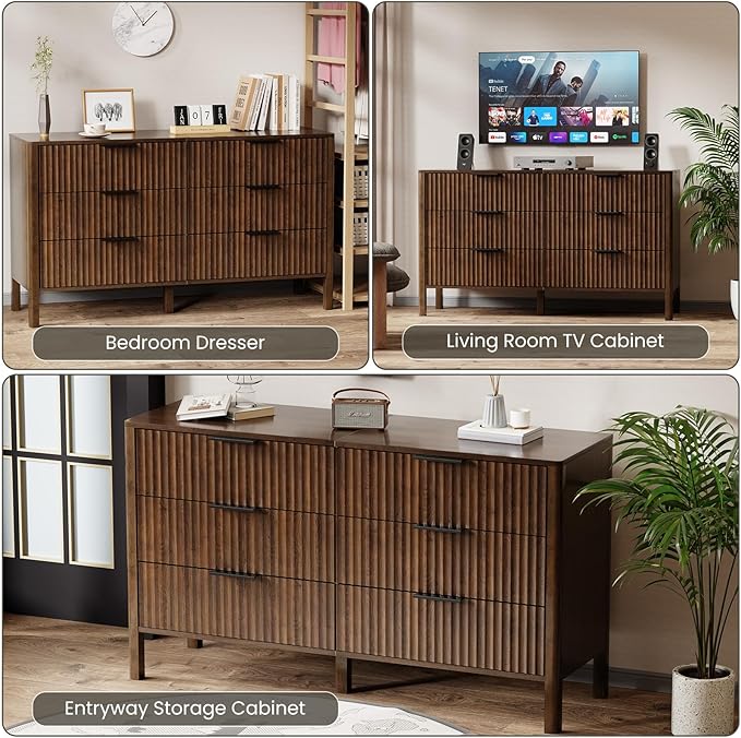 55" Wide Fluted 6 Drawer Dresser for Bedroom, Wooden Dresser Modern Chest of Drawers TV Stand Dressers with Organizer Storage for Bedroom, Living Room, Entryway, Hallway, Walnut
