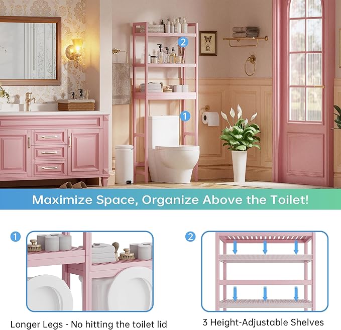 SMIBUY Bathroom Storage Shelf, Bamboo Over-The-Toilet Organizer Rack, Freestanding Toilet Space Saver with 3-Tier Adjustable Shelves (Pink)