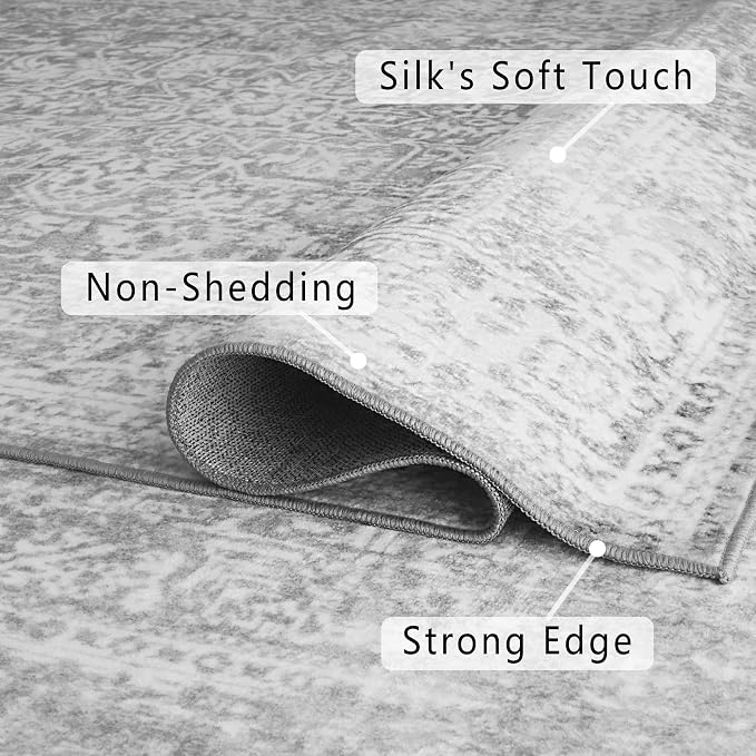 vivorug 9x12 Neutral Area Rugs, Stain Resistant Washable Rug for Living Room, Vintage-Inspired (Ivory/Silver, 9'x12')