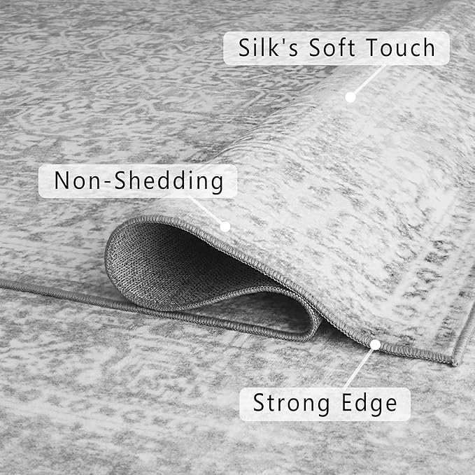 vivorug 6x9 Neutral Area Rugs, Stain Resistant Washable Rug for Living Room, Vintage-Inspired (Ivory/Silver, 6'x9')