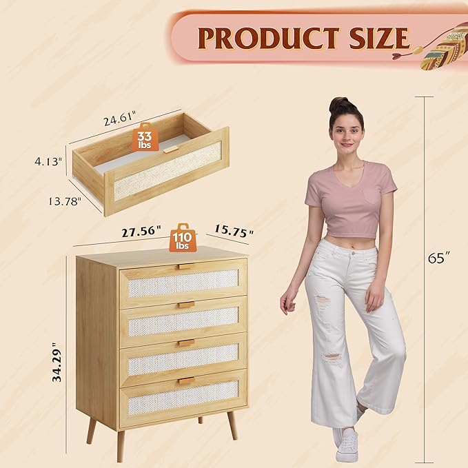 WLIVE Rattan Dresser for Bedroom, 4 Drawer Wooden Boho Dresser Storage with Gold Metal Handle, Chest of Drawers for Living Room, Closet, Hallway, Light Oak