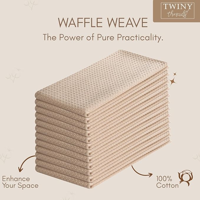 TWINY threads Kitchen Towel Waffle Weave, 6 Pack, 16x26 Inches, Premium Cotton Dish Rags, Absorbent Quick Drying Linen for Home and Restaurant Kitchens, Reusable Wash Cloths for Drying Dishes, Beige
