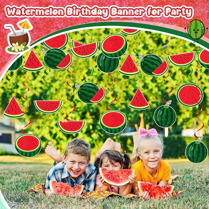 34 Pcs Summer Watermelon Party Decorations Watermelon Hanging Swirl Decorations Pre Strung Watermelon Banner Fruit Birthday Party Supplies for Summer Hawaiian Tropical Luau Beach Themed Party