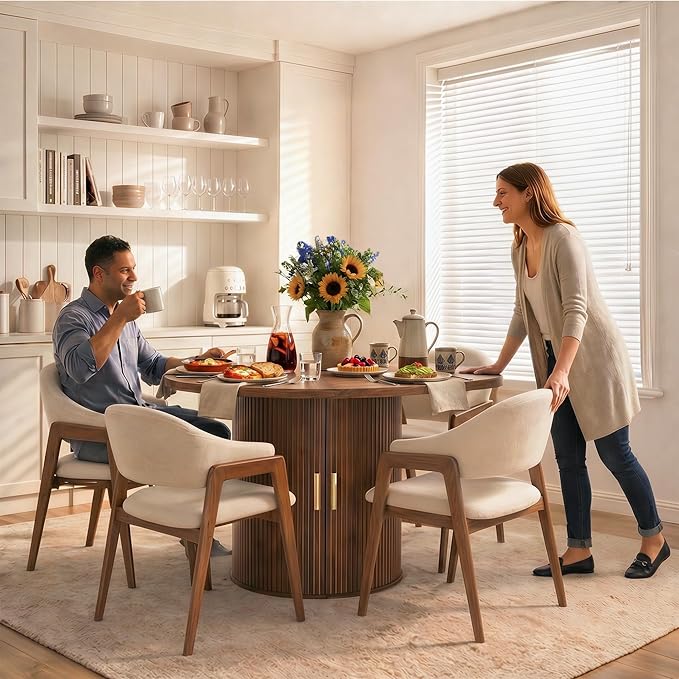 47" Round Dining Table for 4-6, Space-Saving Dining Room Table with Core Rolling Shutter Storage Shelf and Thick Tabletop, Wood Grain Dinner Table for Kitchen, Dining Room, Living Room, Walnut