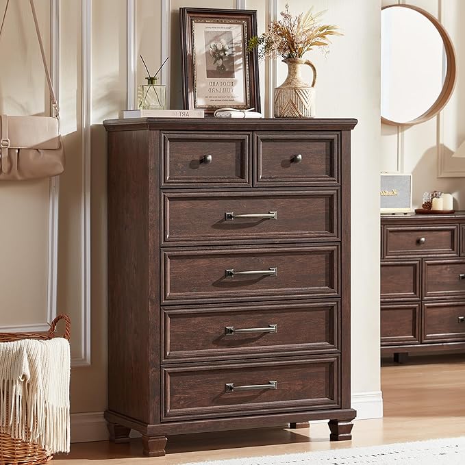 Farmhouse 6 Drawer Dresser for Bedroom, 45 Inch Tall Vintage Wood Chest of Drawers, Mid-Century Dressers w/Square Wooden Legs, Rustic Storage Organizer for Living Room, Hallway, Walnut