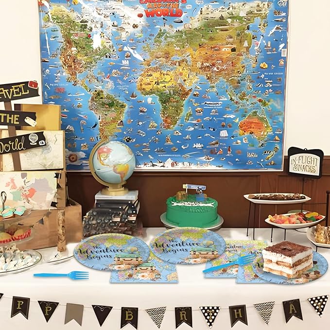 48Pcs Travel Themed Adventure Begin Bon Voyage Party Decorations Plates Napkins Forks for Boys Girls Serve 20 Guests