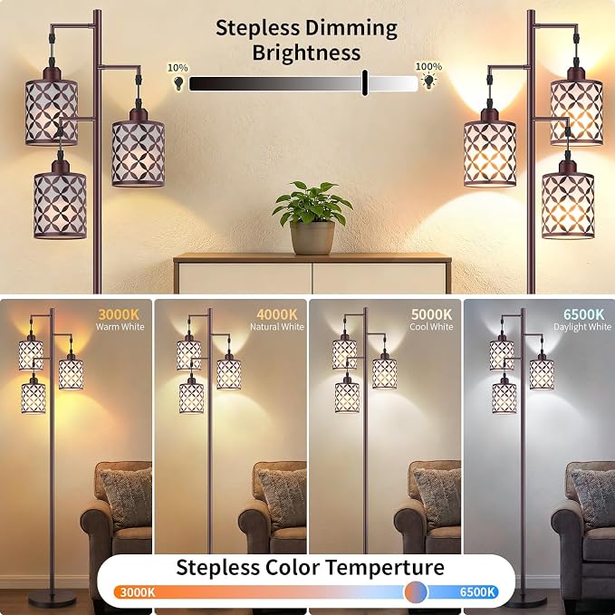 Dimmable Floor Lamp, Farmhouse Standing Lamp with Elegant Metal Cage, Industrial Tall Tree Floor Lamps for Living Room, Bedroom, Study Room, Office, 3 x 1100LM LED Bulbs Included, 72",Brown