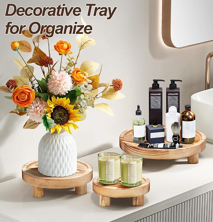 3 Pcs Wood Plant Stand Indoor Outdoor, Wooden Stool Display Stand 5/6/8" Round Riser Flower Pot Holder with Raised Edge Small Planter Tray Modern Potter Decorative for Garden Desktop Home Table Counter Room (Natural)