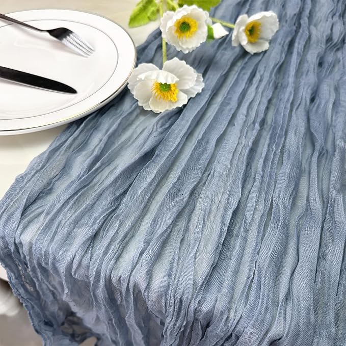 Booque Valley Dusty Blue Cheesecloth Table Runner 10ft Super Soft Boho Wrinkled Gauze Sheer Cloth for Baby Shower Baptism Birthday Party Wedding Centerpiece Table Decoration, 35x120 Inch