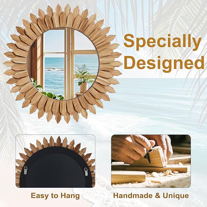 Boho Wood Sunburst Round Wall Mirror, 24 Inch Rustic Circle Wooden Frame Decorative Mirror for Farmhouse Coastal Home, Home Wall Decor for Living Room Entryway Bedroom, Light Wood