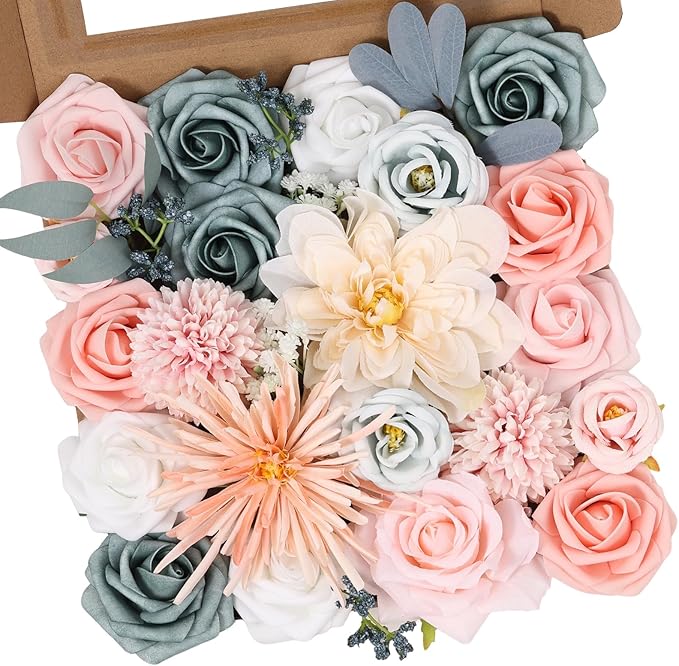 Artificial Flowers Combo Box Dusty Blue Pink Artificial Flowers for DIY Tables Centerpieces Baby Shower Bridal Shower Wedding Bouquet Party Decor