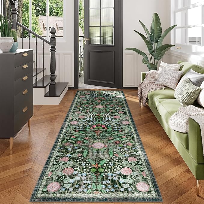 AMTOVO 2.7x8 Runner Rug for Hallway, Washable Non-Slip Long Kitchen Carpet, Floral Vintage Distressed Floor Mat for Hallways Entryway Living Room Laundry Room Bathroom Farmhouse, Dark Green