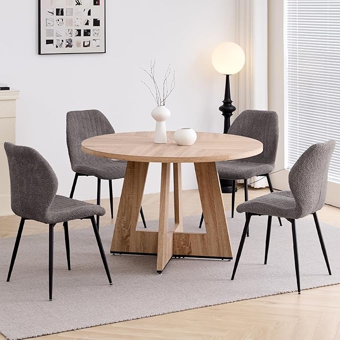 47" Round Dining Table Set for 4 with Chairs Circle Kitchen Table and Chairs Set Mid-Century Modern Chair with Metal Legs for Apartment Living Room(1 Natural Table + 4 Gray Chairs)