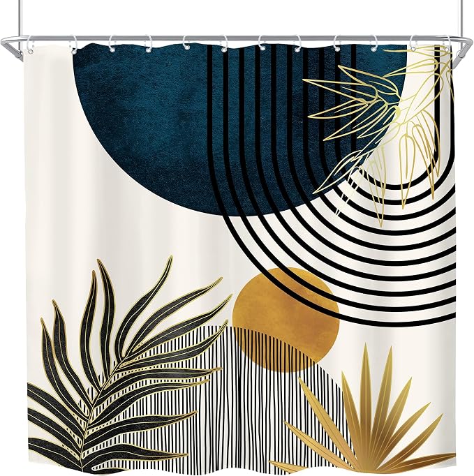 KOMLLEX Mid Century Blue Boho Shower Curtain 72Wx72L Inches Abstract Modern Blue Shower Curtains for Bathroom Decor Plant Botanical Minimalist Arch Sun Fabric Liner Waterproof Polyester 12 Pack Hooks
