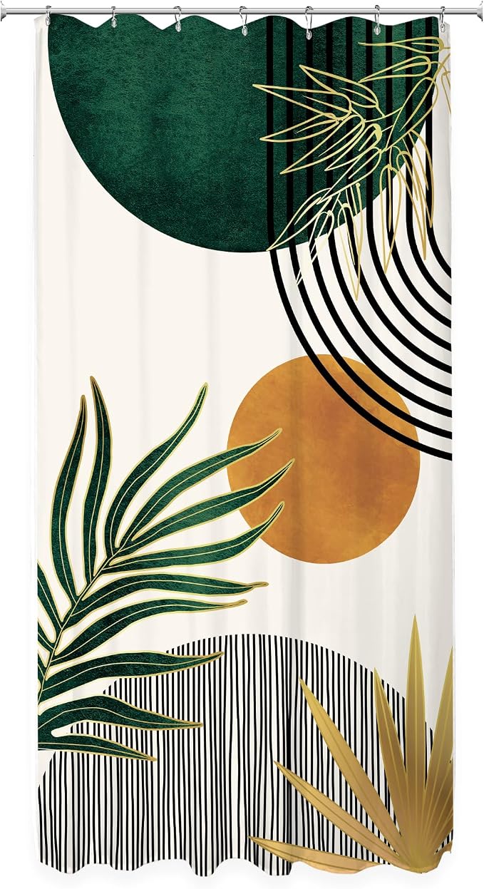 KOMLLEX Small Stall Mid Century Green Boho Shower Curtain 36Wx72L Inches Rv Half Abstract Modern Shower Curtains for Bathroom Minimalist Leaf Arch Sun Fabric Liner Waterproof Polyester 7 Pack Hooks