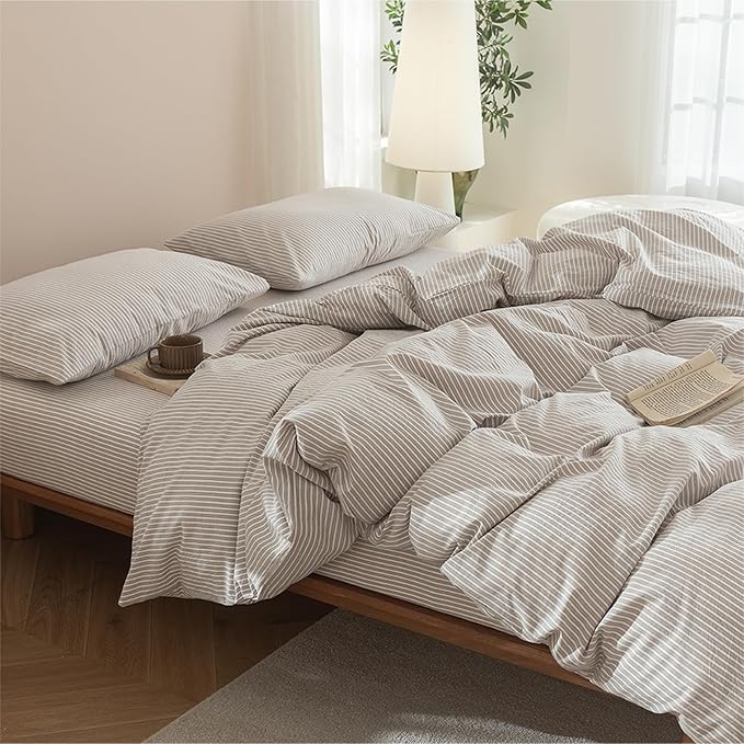 JIYUAN 100% Washed Cotton Striped Duvet Cover Set 3 Pieces King, 1 Duvet Cover and 2 Pillowcases(Comforter Not Included),Linen Like Bedding Set Comfy and Breathable,Pinstripes-Heathered Taupe White