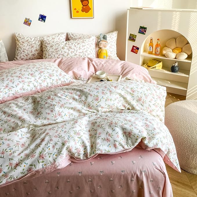 HighBuy Soft Cotton Floral Duvet Cover Twin White with Pink Floral Print,Garden Style Coquette Bedding Comforter Cover Bedding Set,Cottagecore Duvet Cover Set -1 Twin Duvet Cover,2 Pillowcases