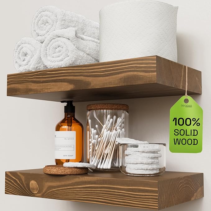 BAOBAB WORKSHOP Solid Wood Floating Shelves for Wall 12 Inch Wide, Small Wooden Shelf Kitchen, Bathroom Shelves for Room Wall Mounted Rustic Farmhouse, Walnut Floating Shelves, 12W × 6.7D, Set of 2