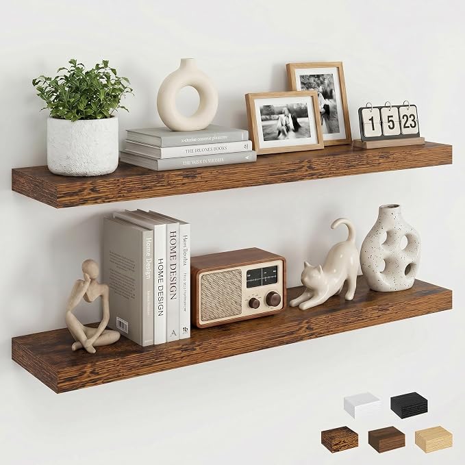 Dreamland 32inch Floating Shelves for Wall, Rustic Brown Floating Shelves for Bathroom|Bedroom|Kitchen, Deep Wall Mounted Book Shelf, Wood Storage Display Shelf for Home Decor, Set of 2