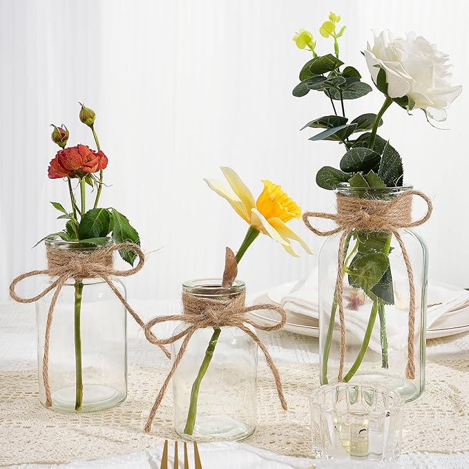 Vintage Glass Vases for Flowers, Set of 3 Clear Vases for Farmhouse Wedding Centerpiece Cylinder Bottle for Reception Table Decor Housewarming Birthday Floral Arrangements (S+M+L)
