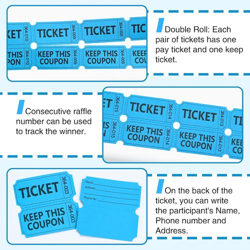 ESSENTIAL 500 Raffle Tickets - Double Roll with Name & Phone Number for Events, Classroom & Prizes (Blue)