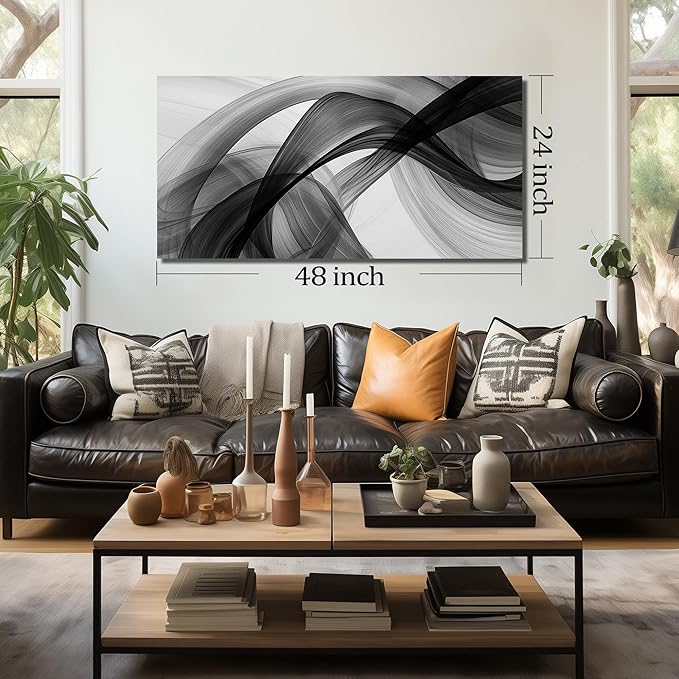 JuhaiArt Abstract Wall Art Large Black Picture Wall Decor White Canvas Art Modern Minimalist for Living Room Office 24"x 48" Monochrome Artwork