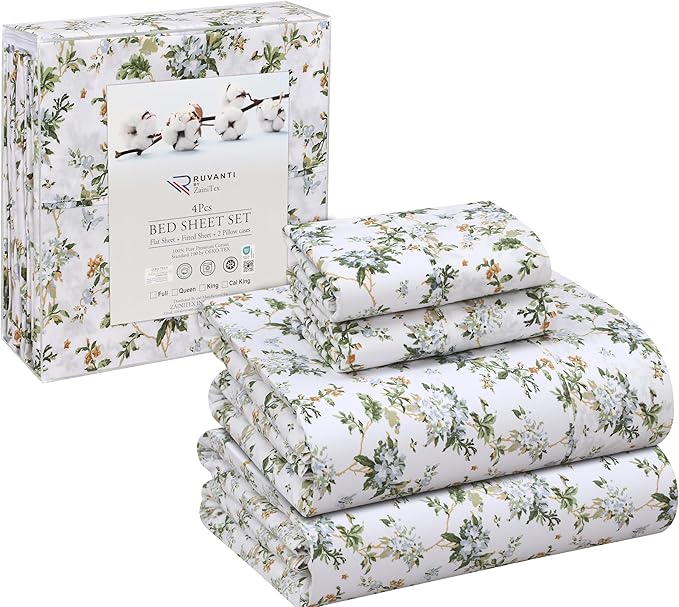 RUVANTI 100% Cotton Full Size Bed Sheets, 4 Pieces, Soft & Breathable Percale Weave Bedding, Deep Pocket 16", Hotel Standard, Crisp Cool Feel, Durable, Perfect Sheet Set Floral, Heritage